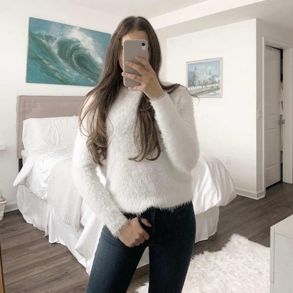 H&M White Fuzzy Crew Neck Sweater